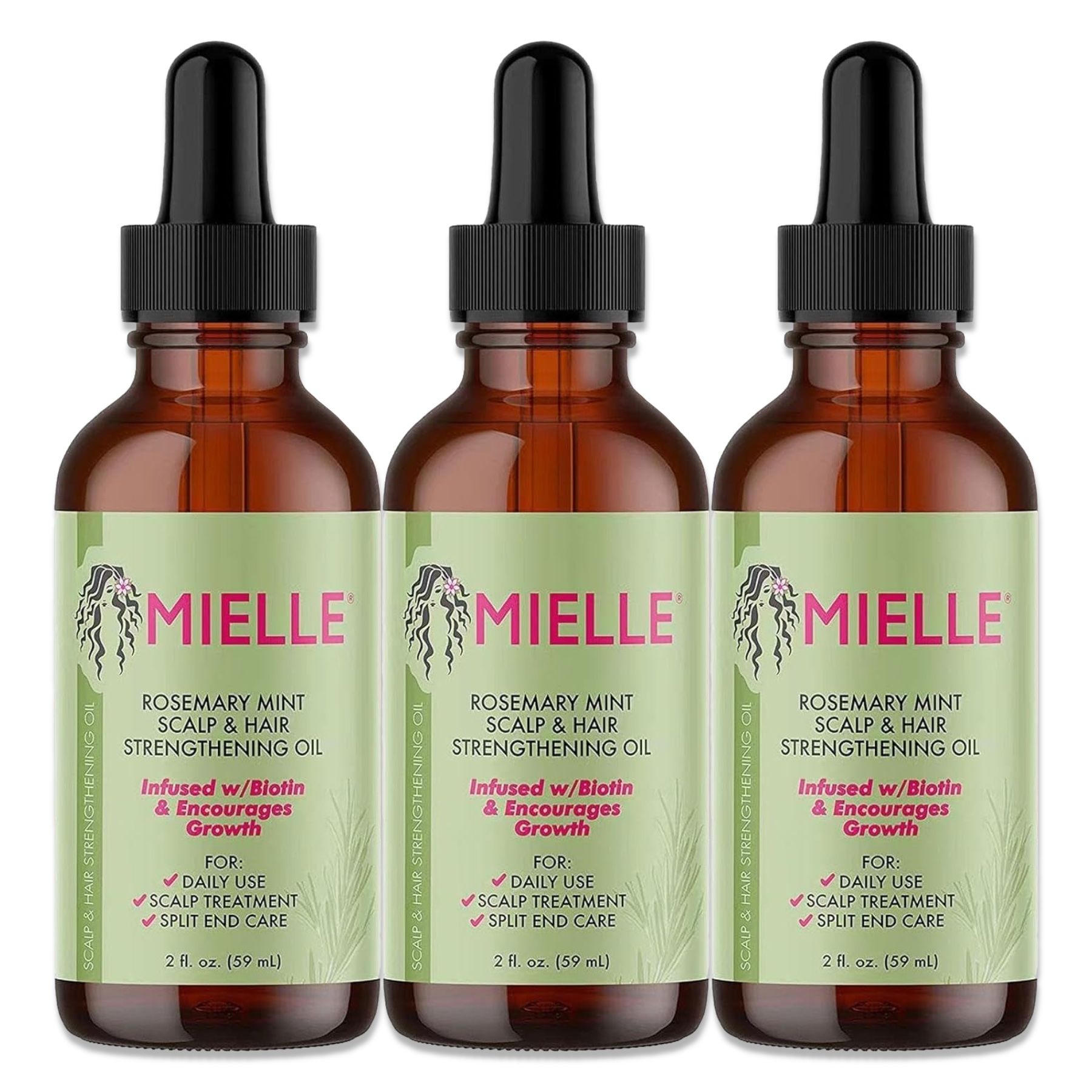 Trois flacons en verre brun avec pipettes noires. Inscription : Mielle Rosemary Mint Scalp & Hair Strengthening Oil. Étiquette verte et blanche.