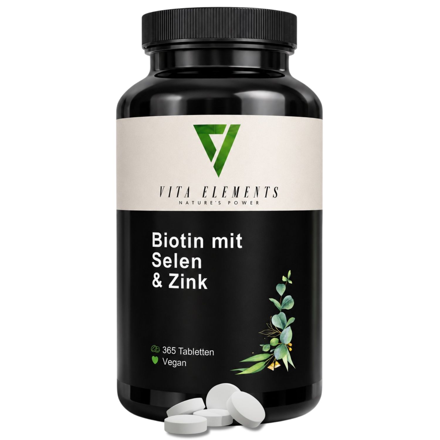 Flacon Vita Elements Biotine avec Sélénium et Zinc, 365 comprimés vegan.