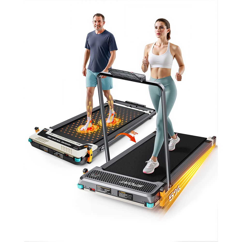 Twee loopbanden. Mensen trainen. Eén toont massagefunctie, de ander een display. Beide hebben handgrepen.