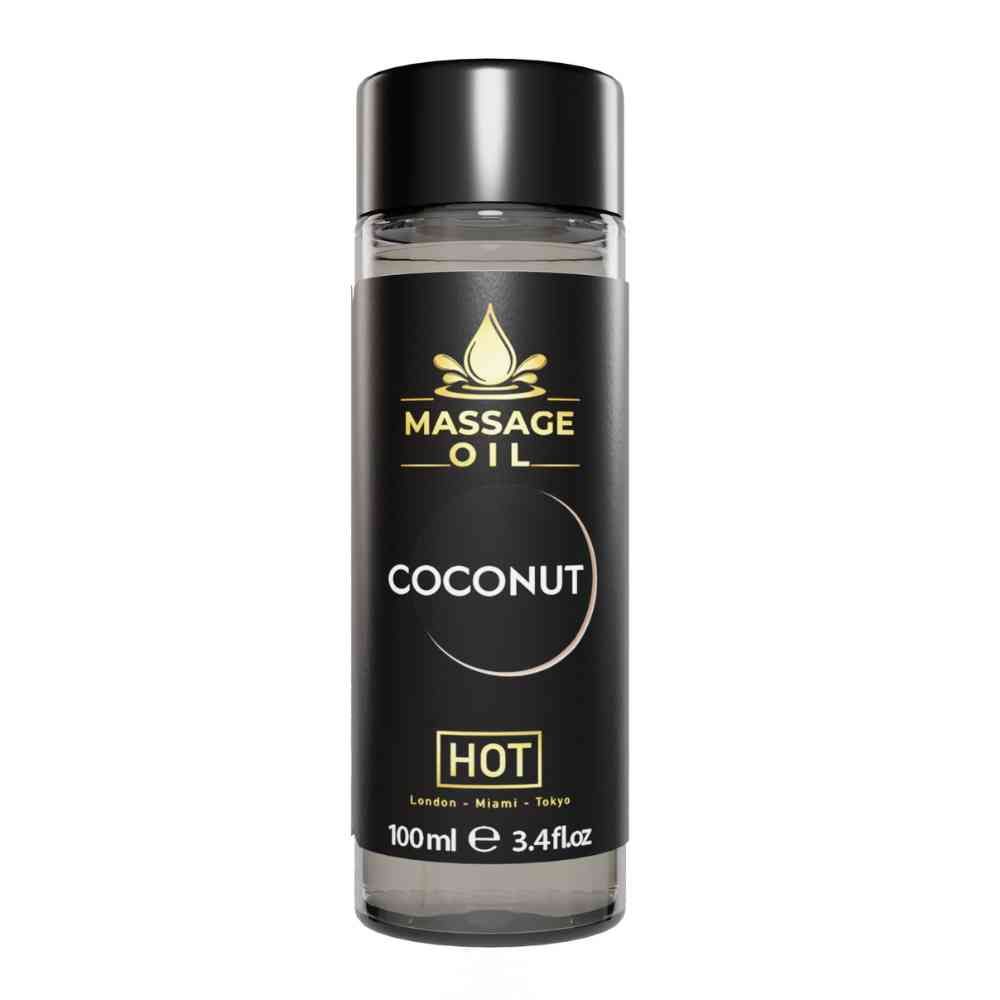 Cilindrische fles met zwarte dop. Opschrift: Massageolie, Kokos, HOT. Volume: 100ml.