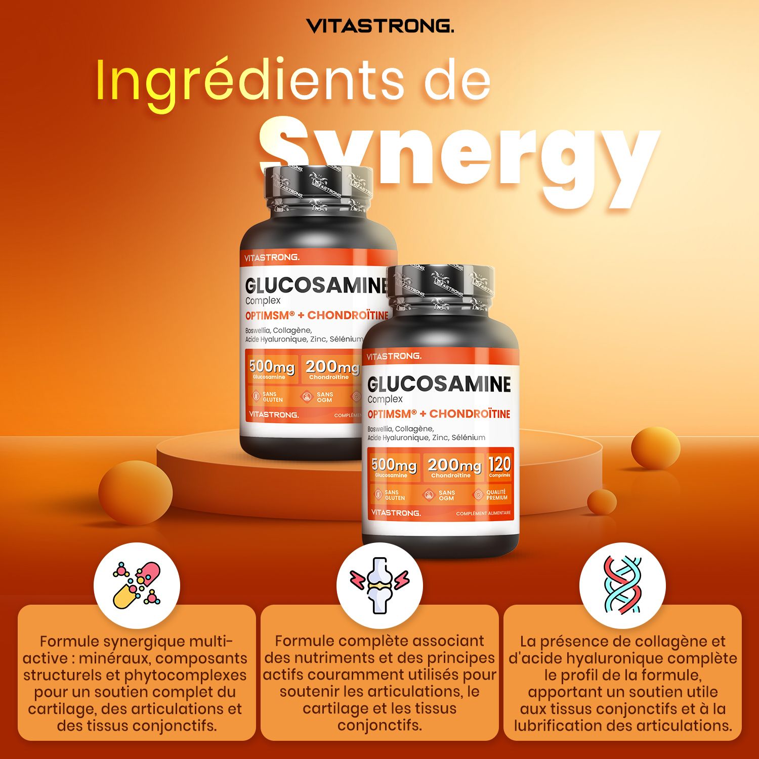 Deux flacons de Vitastrong Glucosamine + Chondroïtine. Fond orange. Inscription : 120 comprimés. Composition. Logo Vitastrong.