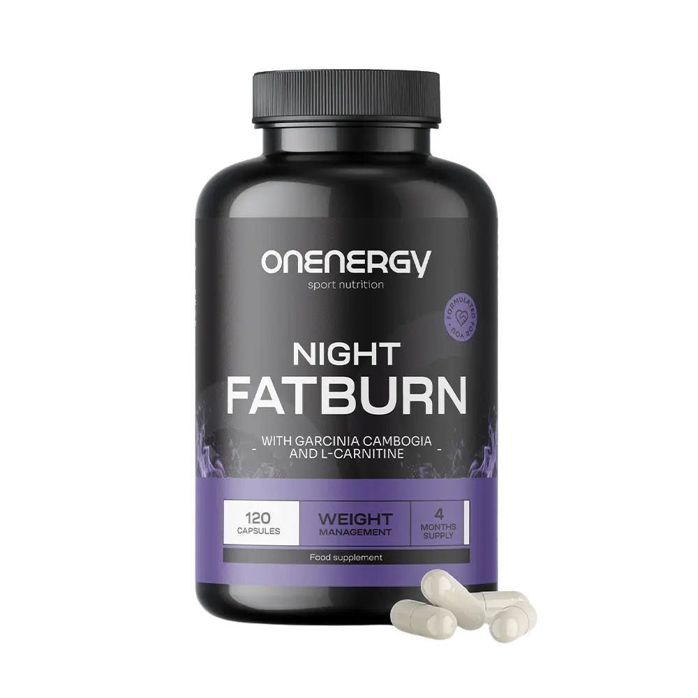 Flacon noir avec capsules blanches. Inscription : ONENERGY, NIGHT FATBURN, 120 capsules, Weight Management.