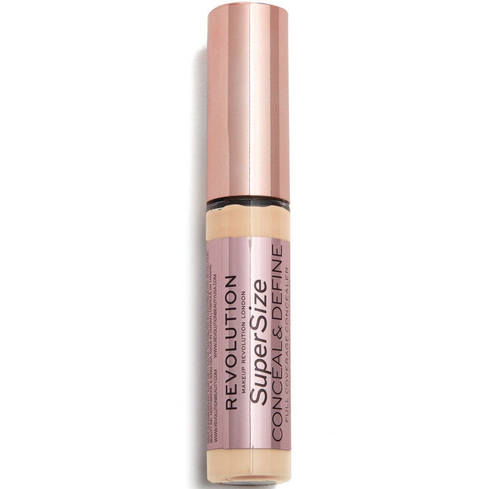 Flacon de correcteur avec bouchon or rose. Inscription: Super Size Conceal & Define.
