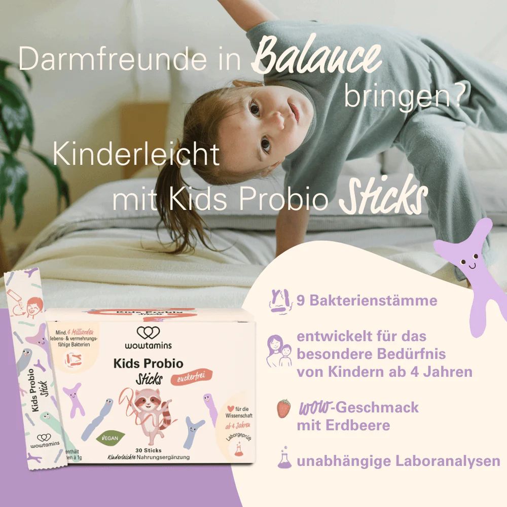 Verpakking WOWTAMINS Kids Probio Sticks. 20 sticks, suikervrij. Tekst: Kids Probio Sticks, 9 bacteriestammen, aardbeiensmaak.