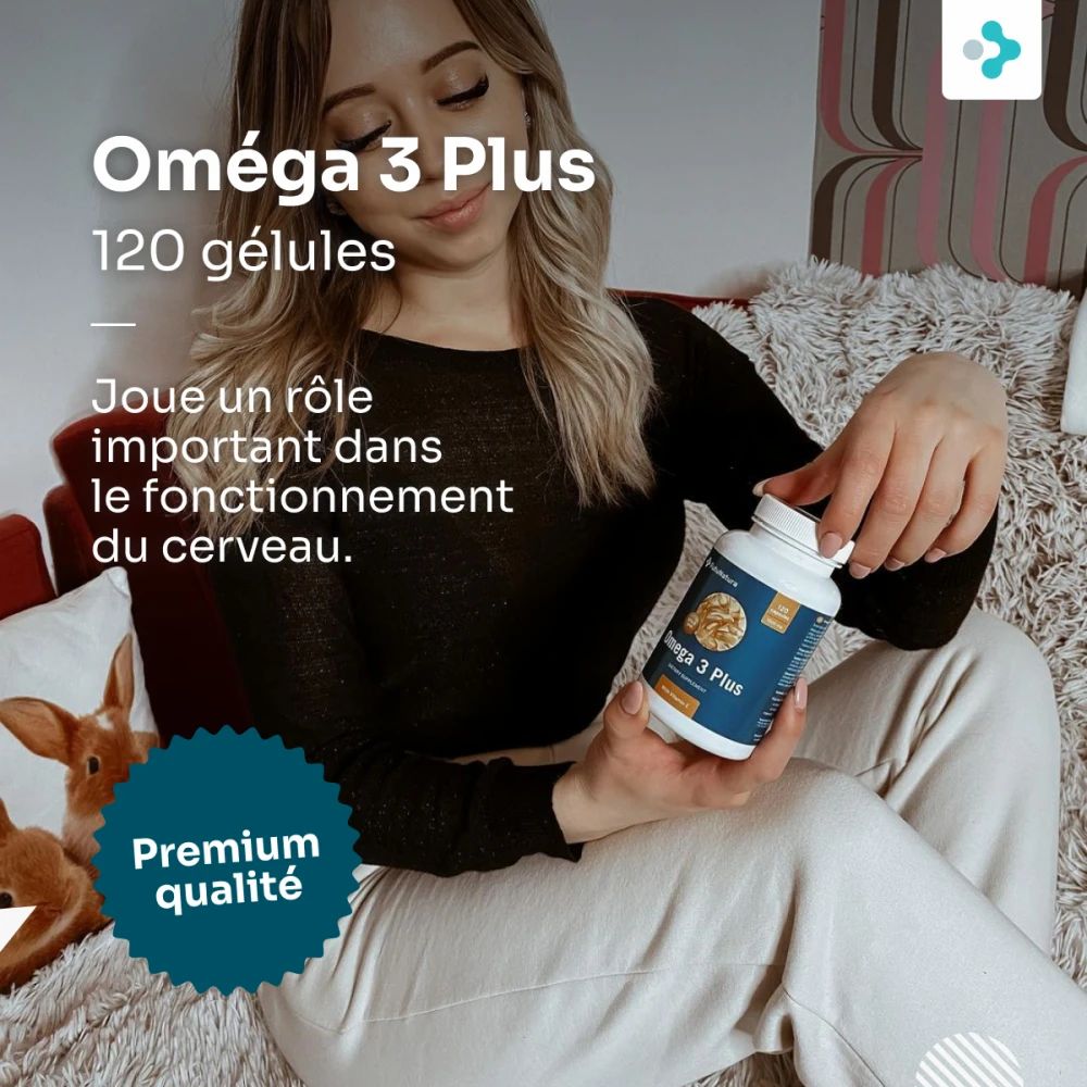 Oméga 3 Plus, 120 gélules. Femme tenant une bouteille. Texte: Joue un rôle important dans le fonctionnement du cerveau, Qualité supérieure.