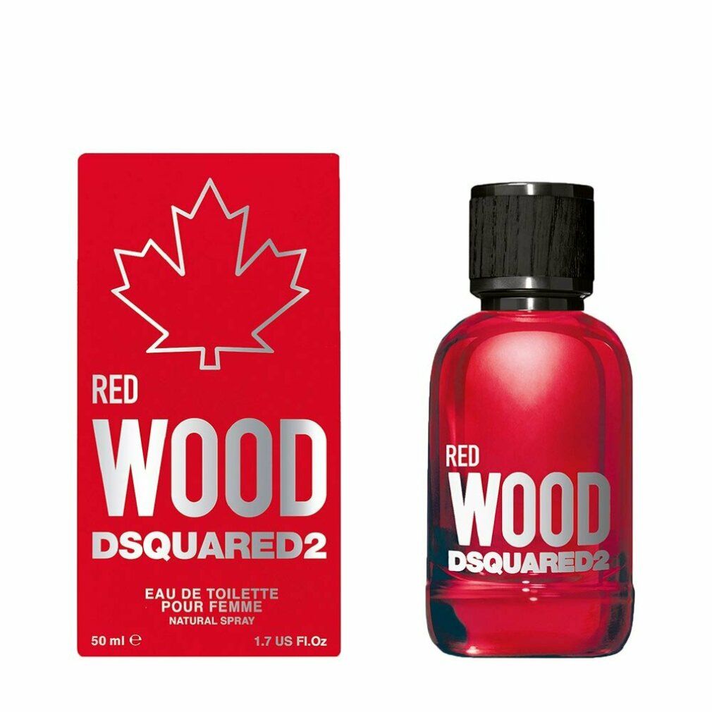 Flacon et boîte rouges. Inscription: Red Wood, Dsquared2. Flacon avec bouchon noir. Boîte avec logo feuille d'érable.