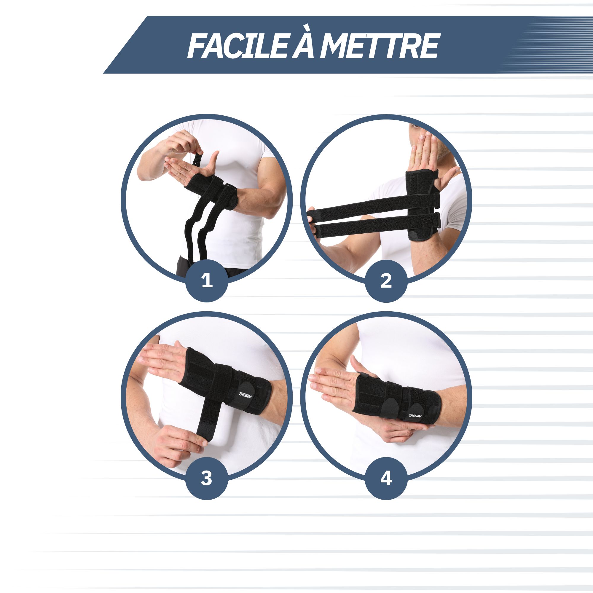 Instructions pour mettre une orthèse de poignet en quatre étapes.