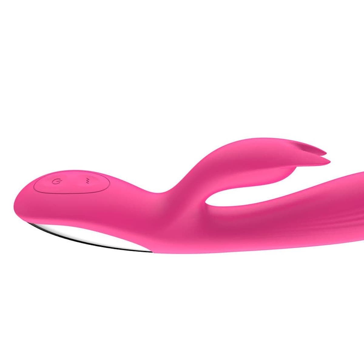 Roze vibrator met konijnenoren-ontwerp. Met bedieningsknoppen en geribbeld oppervlak.
