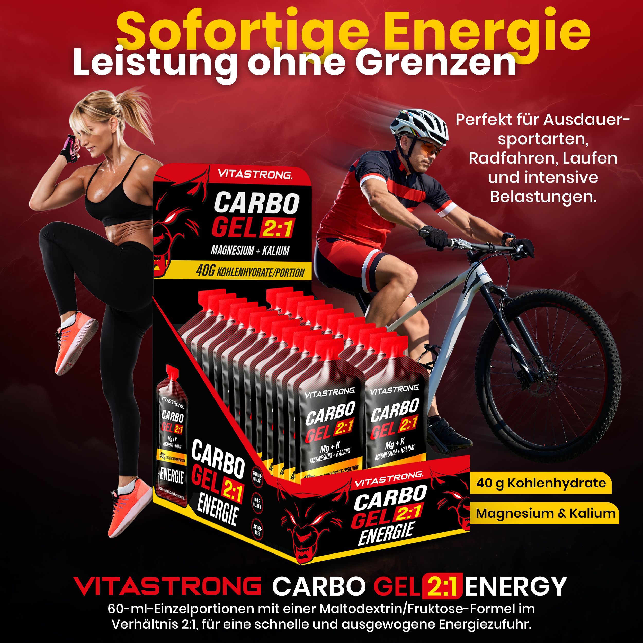 Vitastrong CARBO GEL 2:1. Display met portieverpakkingen. Sporters in actie. Tekst: 40g koolhydraten, magnesium & kalium.