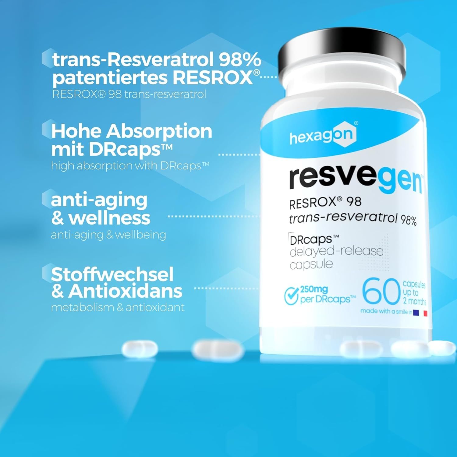 Capsule Hexagon Resveratrol : 60 capsules, 250 mg par DRcaps, libération prolongée. Haute absorption, anti-âge et bien-être.