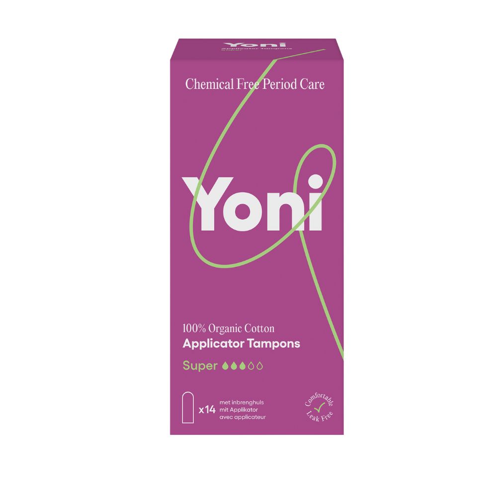 Verpakking met paarse achtergrond. Tekst: Yoni, 100% biologisch katoen, applicator tampons Super, x14.