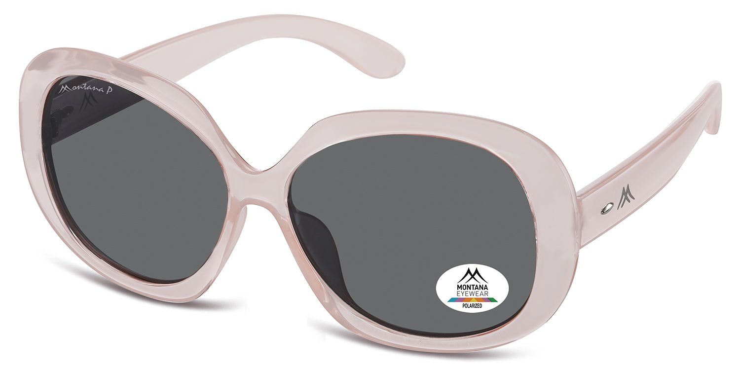 Lunettes de soleil roses avec verres gris. Logo Montana Eyewear et certification de polarisation sur le verre.