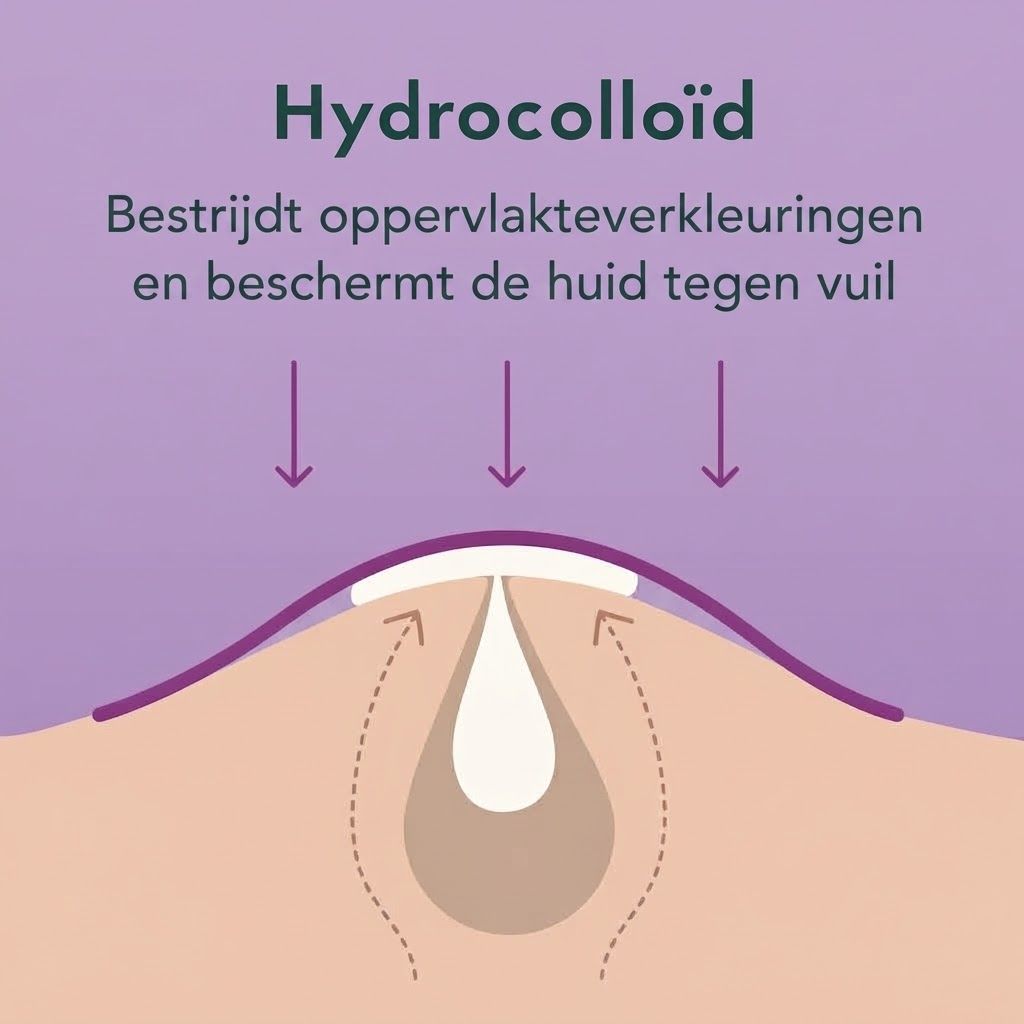 Illustratie van een hydrocolloïd pleister op de huid die vocht absorbeert.