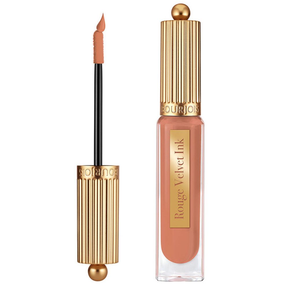 Bourjois Rouge Velvet Ink 01 Beige De Jour. Flacon et applicateur. Bouchon doré, contenu rose.