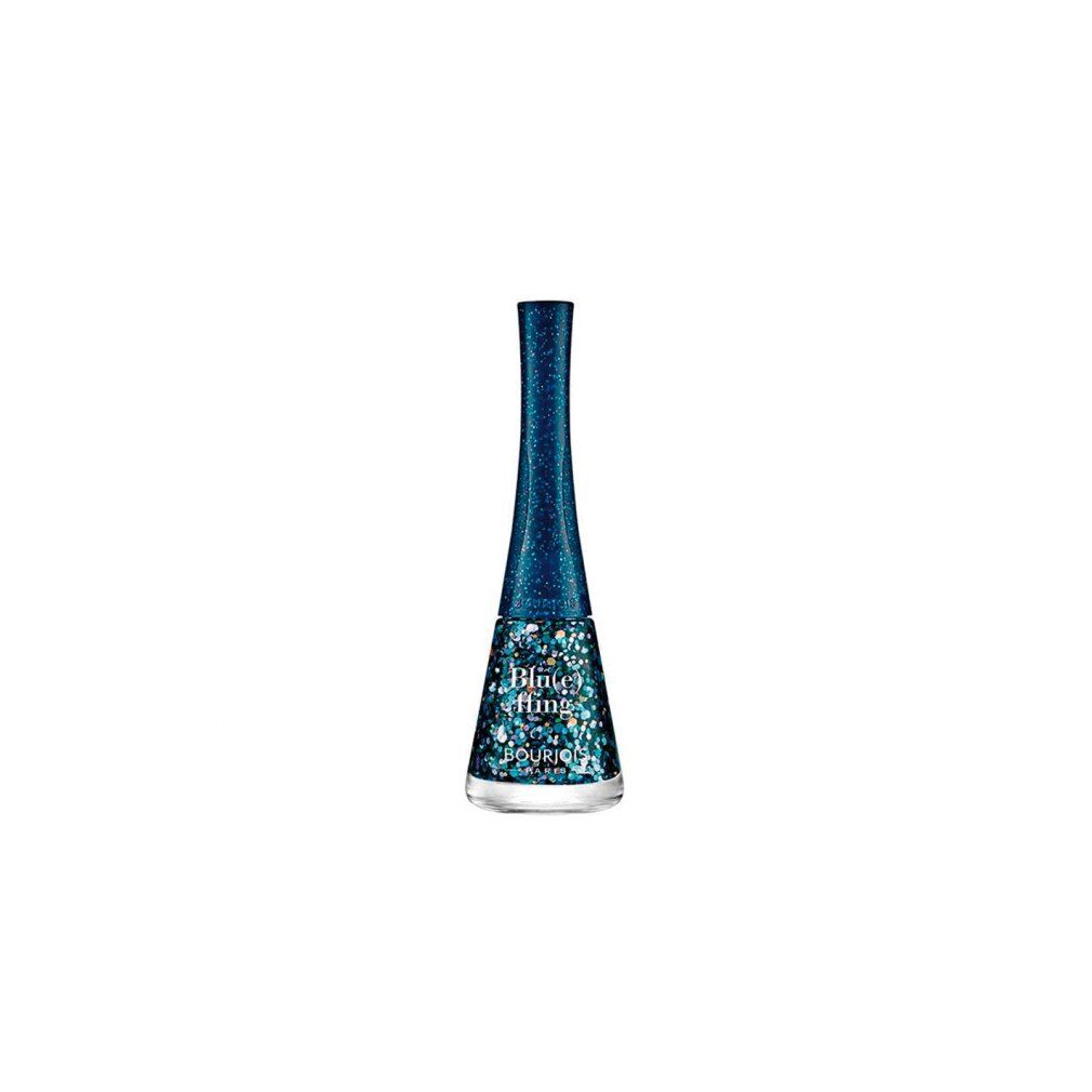 Bourjois nagellakfles, blauw met glitter.