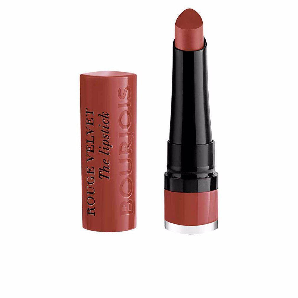 Rouge à lèvres ouvert. Étui marron avec inscription Bourjois Rouge Velvet. Rouge à lèvres dans un étui noir ouvert, rouge-brun.