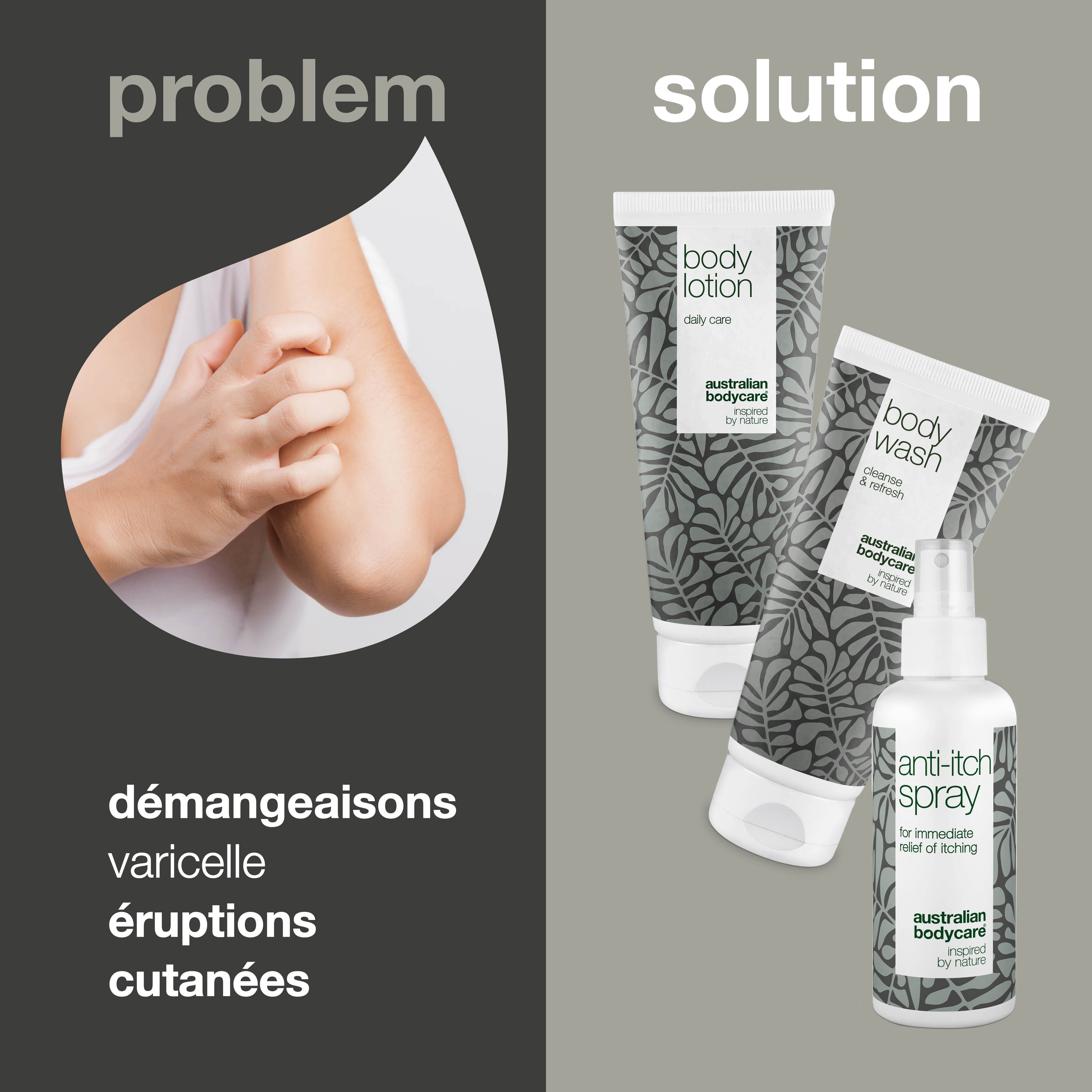 Comparaison problème/solution. Gauche : démangeaisons, varicelle, éruptions cutanées. Droite : produits Australian Bodycare.