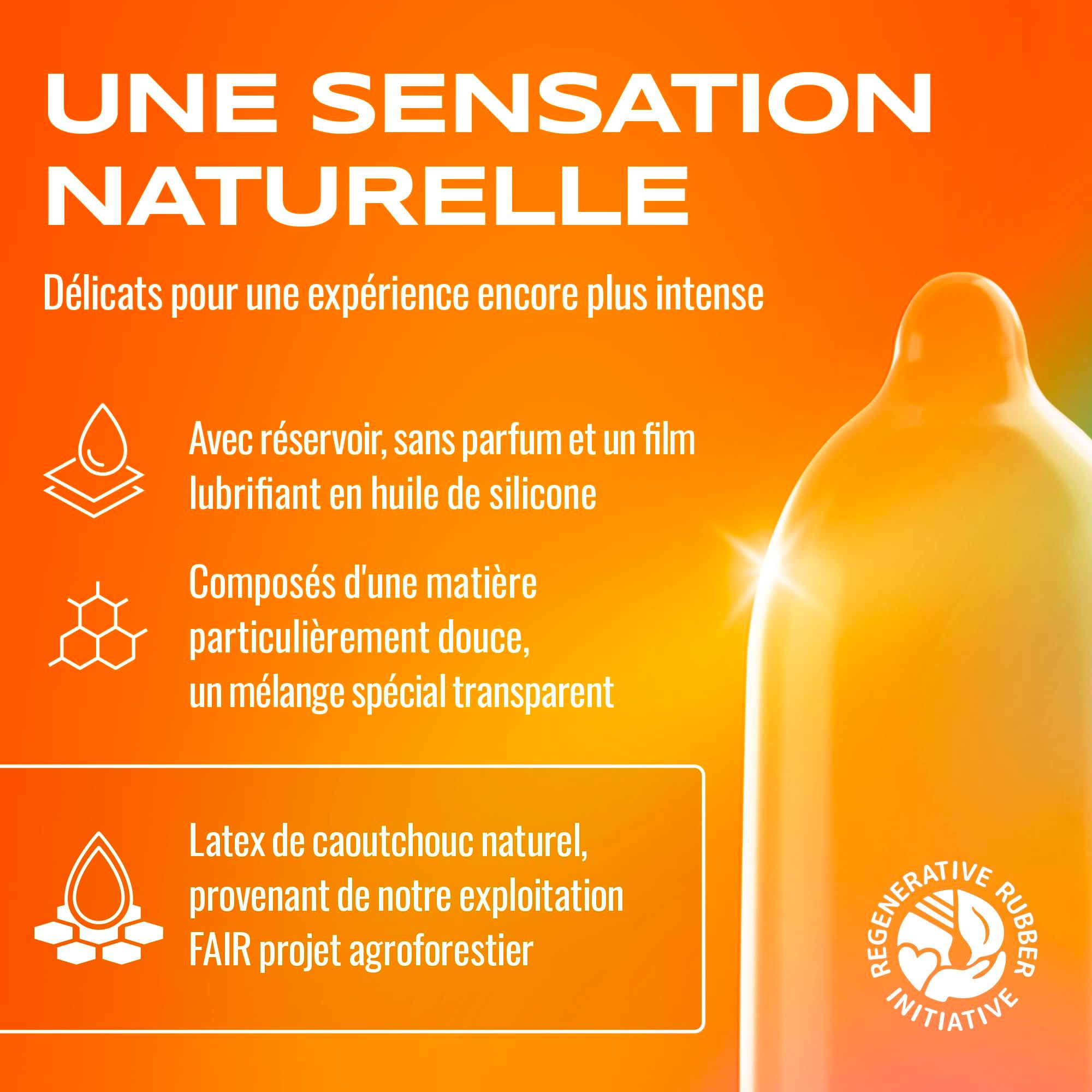 Préservatif ONsize. Latex naturel, avec réservoir, sans parfum, lubrifiant huile silicone.
