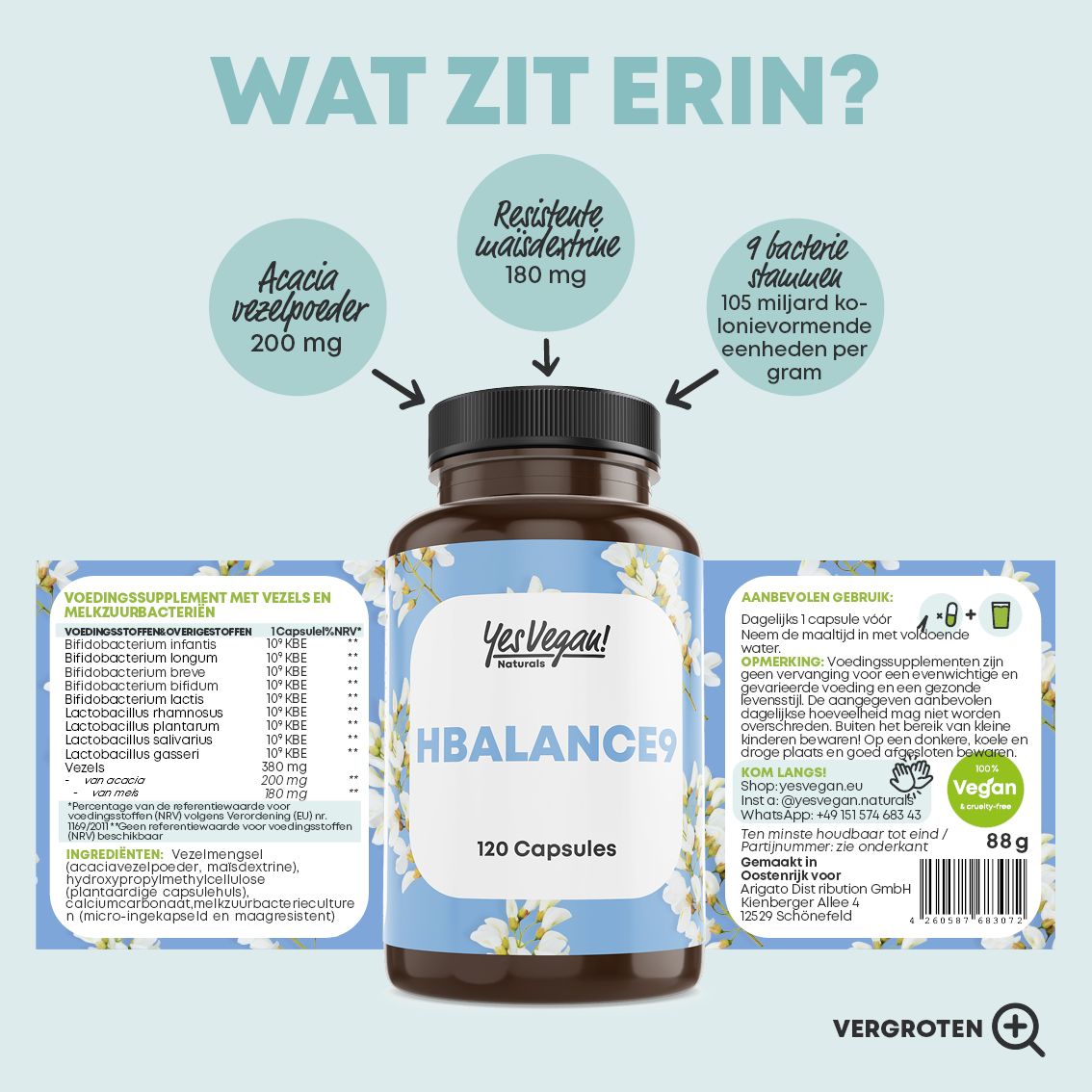 Pot HBALANCE9, infographic toont ingrediënten zoals acaciavezels en resistente dextrine.