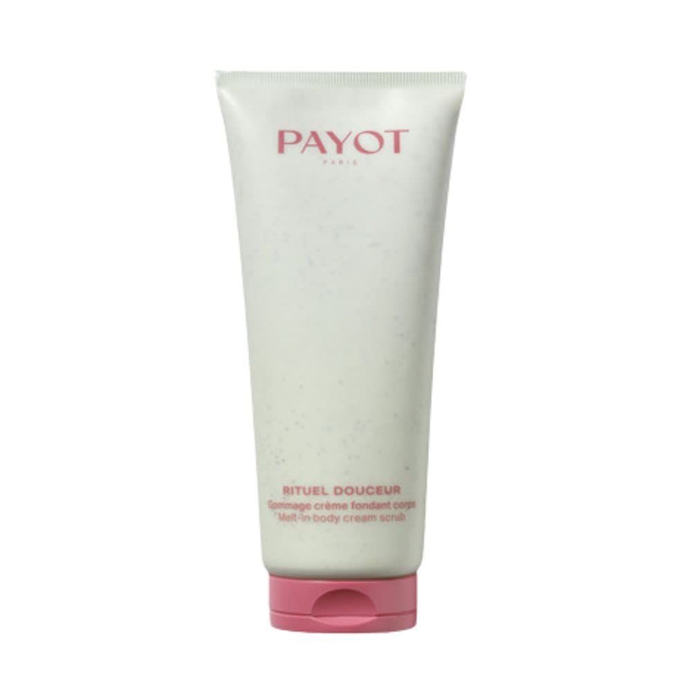 Crème scrub tube met roze dop. PAYOT bovenaan. RITUEL DOUCEUR eronder. Tekst in het Frans en Engels.