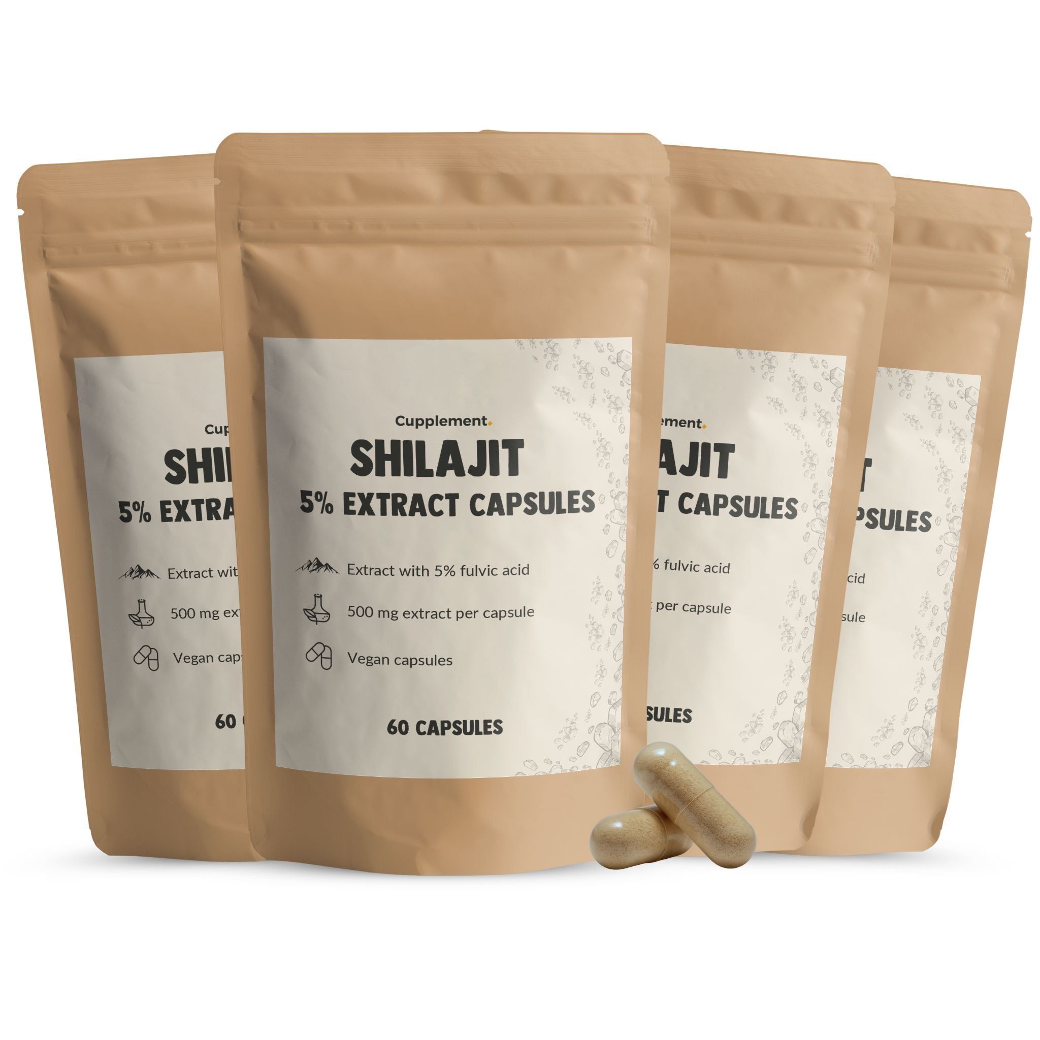 Sachet de gélules d'extrait de Shilajit. Inscription : Shilajit 5% Extract Capsules, 60 gélules. Deux gélules à côté.