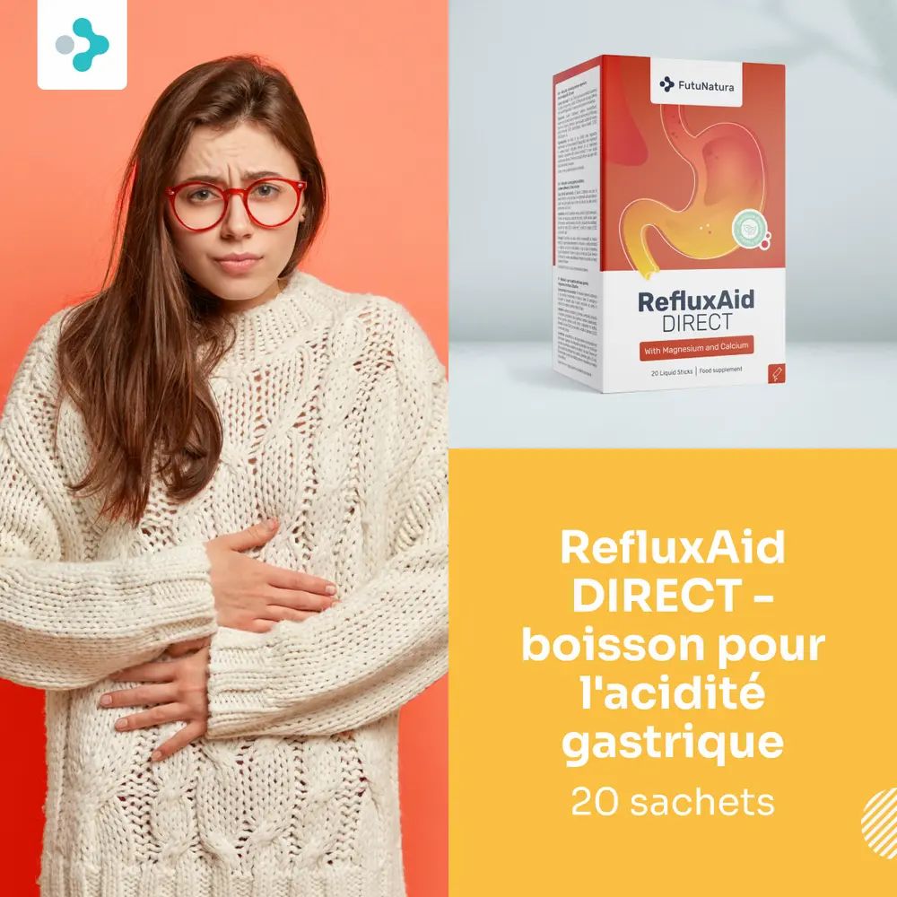 Femme avec douleurs abdominales à côté de la boîte RefluxAid DIRECT, 20 sachets.