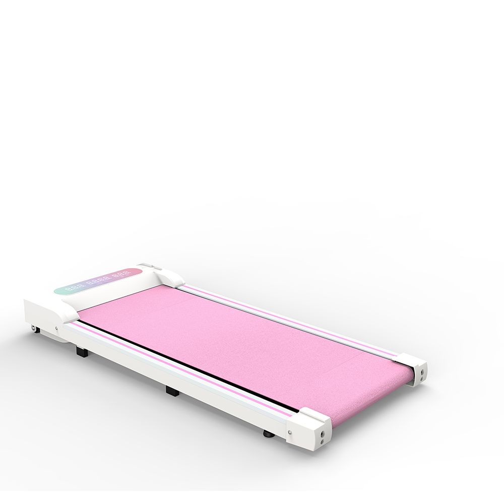 Tapis roulant pliable avec surface rose, cadre blanc et écran LED. Vue en biais.