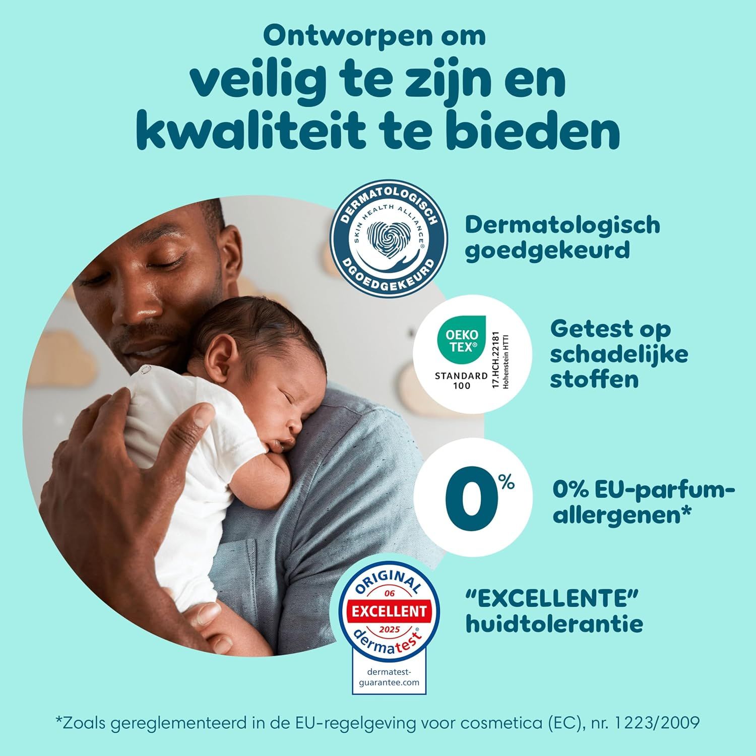 Man houdt baby vast, 'Dermatologisch goedgekeurd' en 'Getest op schadelijke stoffen' keurmerken.