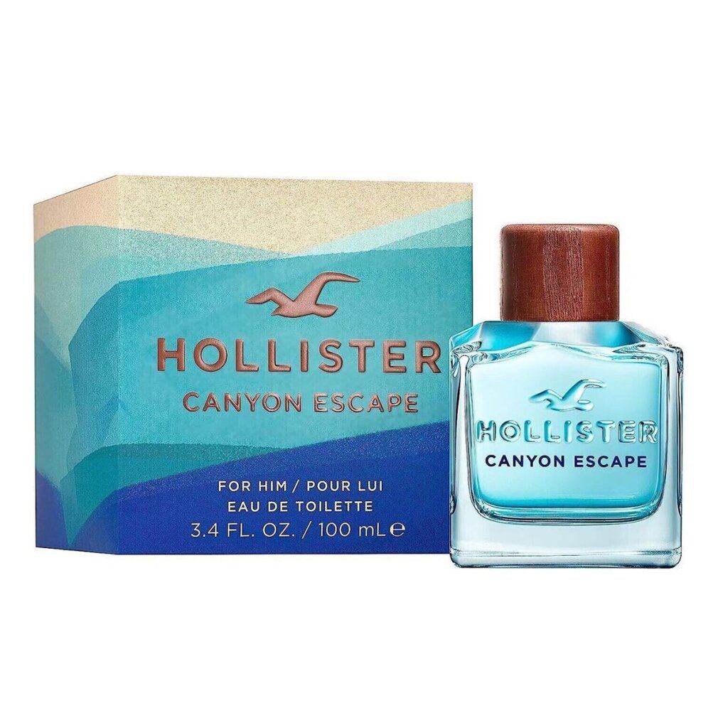 Flacon et emballage Hollister Canyon Escape Eau de Toilette. Bouchon bois, liquide bleu, logo.