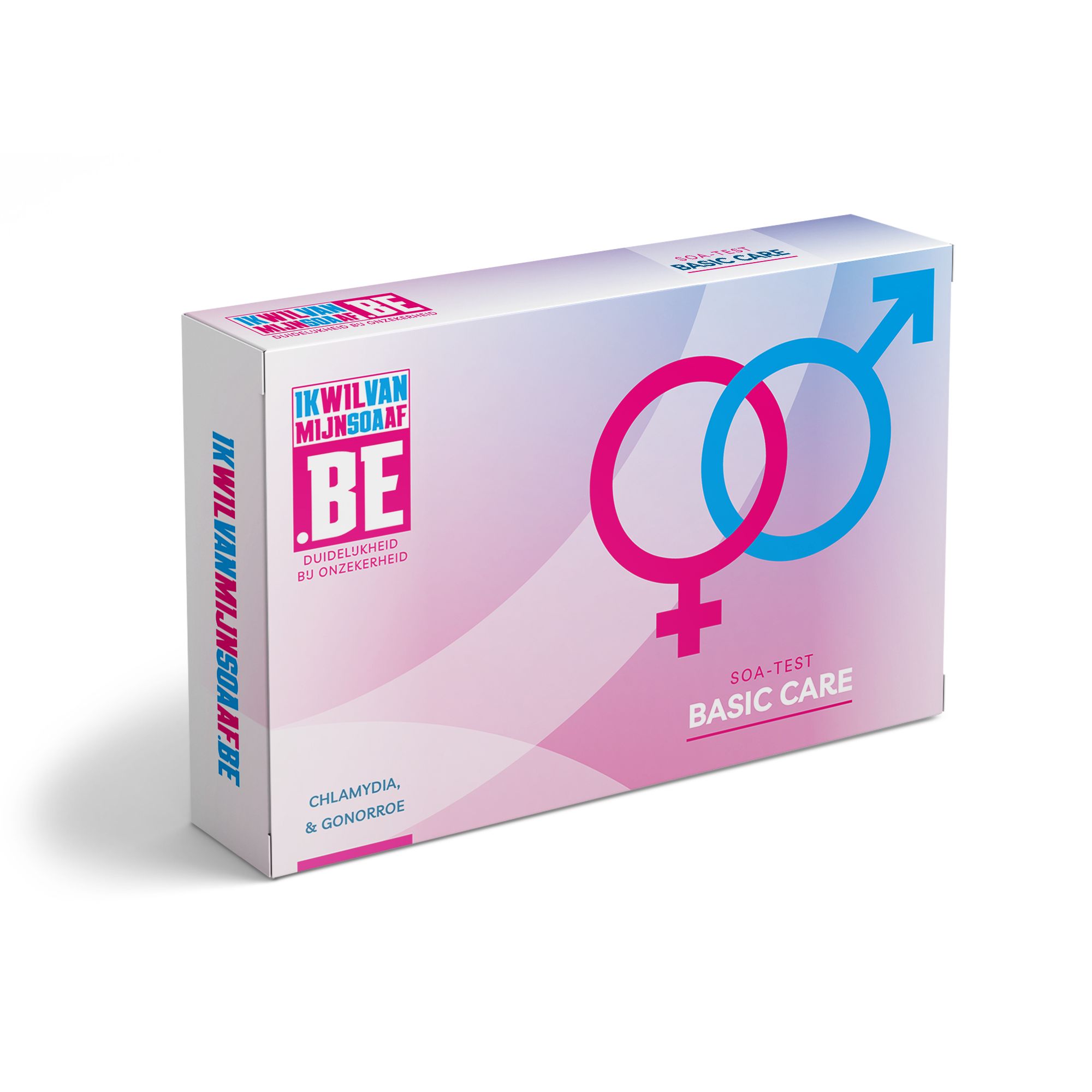 Verpakking met roze en blauw design. Geslacht symbolen. Tekst: SOA-test Basic Care. Chlamydia & Gonorroe.
