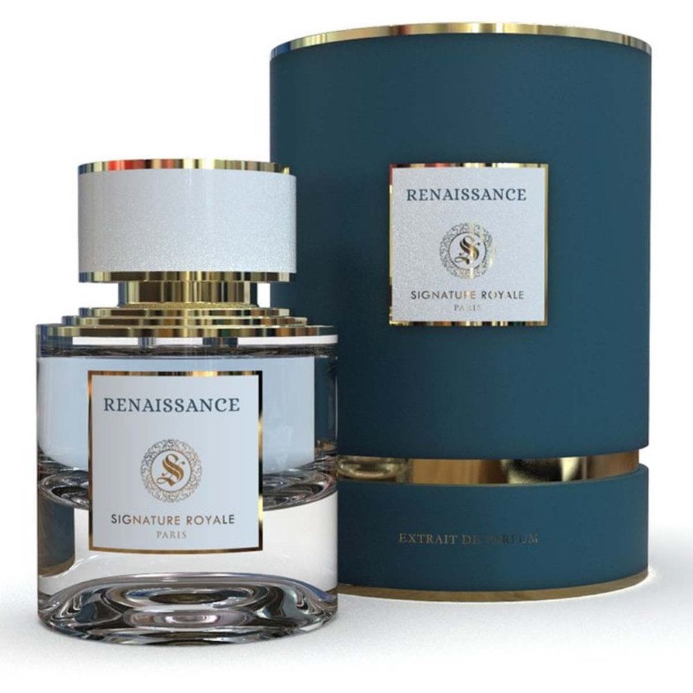 Flacon de parfum et boîte cylindrique. Flacon avec bouchon blanc, éléments dorés et étiquette. Boîte bleue avec détails dorés.