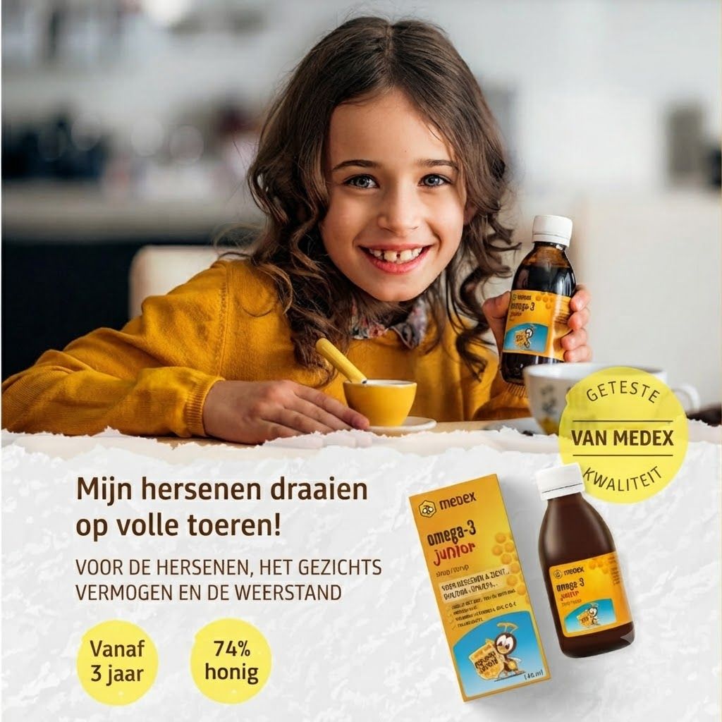 Een meisje houdt een flesje Omega-3 Junior siroop vast. Naast een doosje en een kopje.