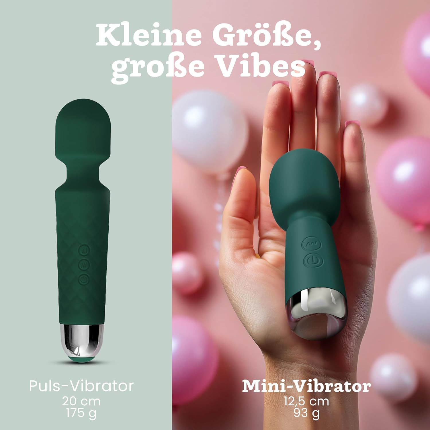 Vibrateur Oliver James vert (20 cm, 175 g) et mini-vibrateur (12,5 cm, 93 g) dans la main.