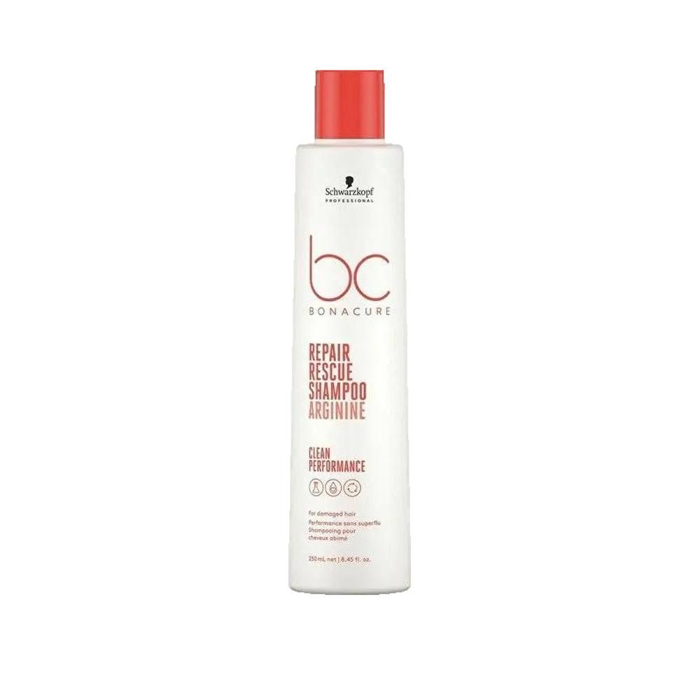 Witte fles met rode dop en tekst. Schwarzkopf BC Bonacure Repair Rescue Shampoo. 200 ml.