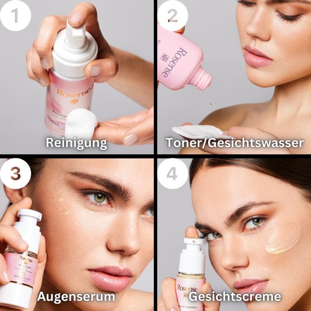 Quatre images montrent l'utilisation de la mousse nettoyante Rosense et d'autres produits sur un modèle. Produits et étapes d'application.
