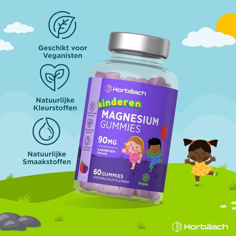 Horbaach Kinder Magnesium Gummies. Paarse fles met gummies. 60 gummies, 90mg, aardbeiensmaak. Vegan.