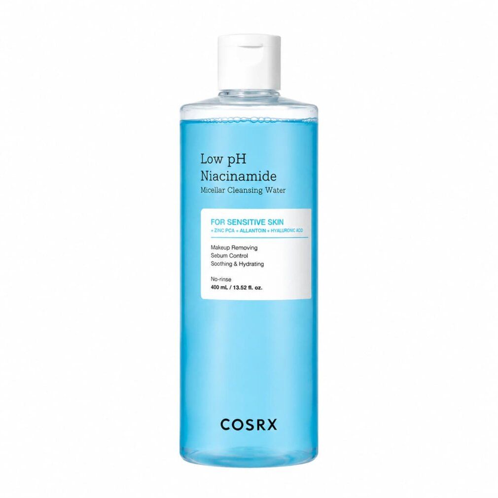 Bouteille d'eau micellaire COSRX Low pH Niacinamide, contenu bleu, étiquette blanche.