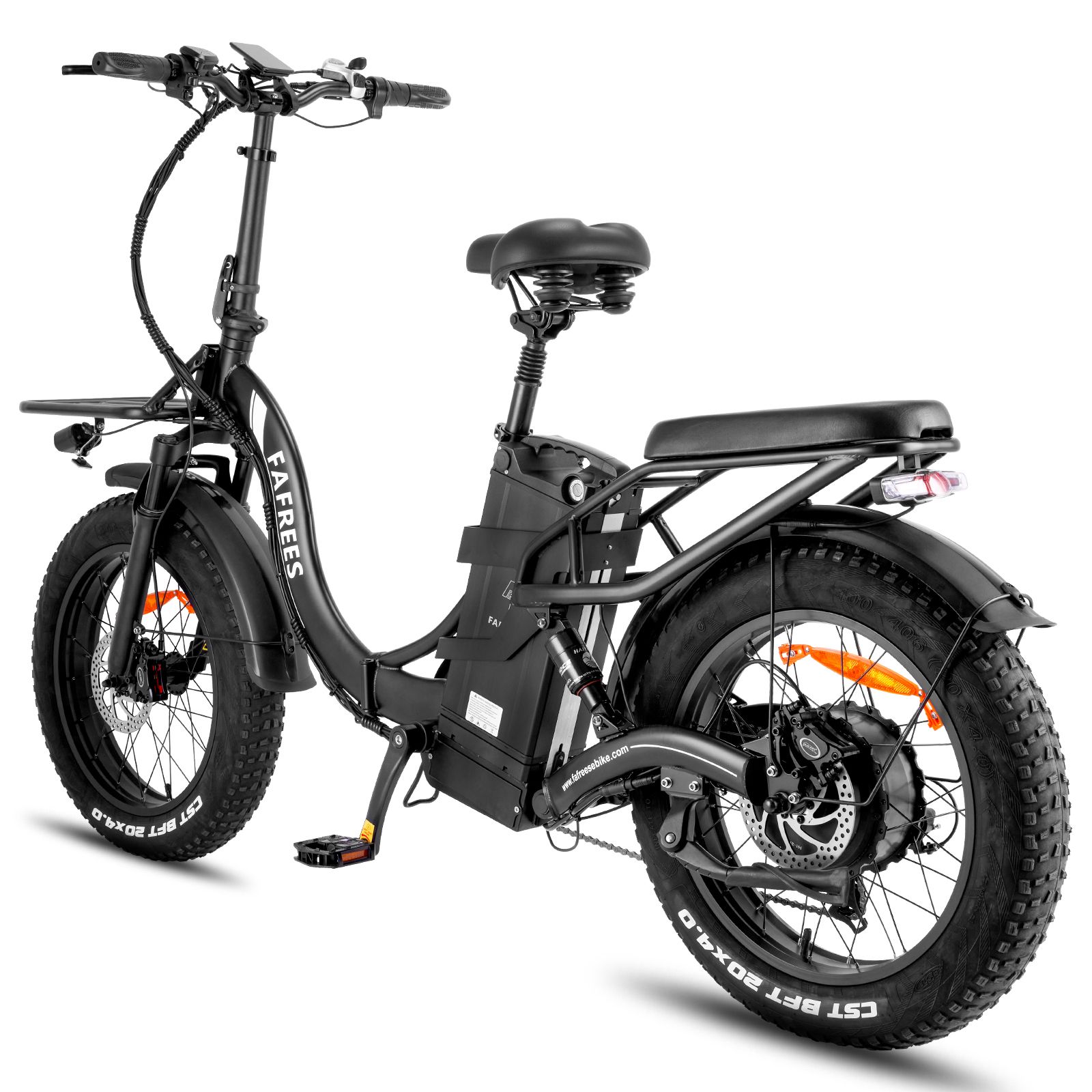 Zwarte Fafrees e-bike, zijaanzicht. Brede banden, bagagerek, voorste mand. Batterij, schijfremmen, CST-banden.