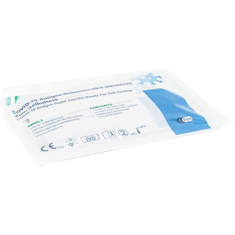 Emballage individuel du kit de test rapide antigénique Safecare Bio-Tech Covid-19. Contient test, tube d'extraction, écouvillon et notice. CE 1434.