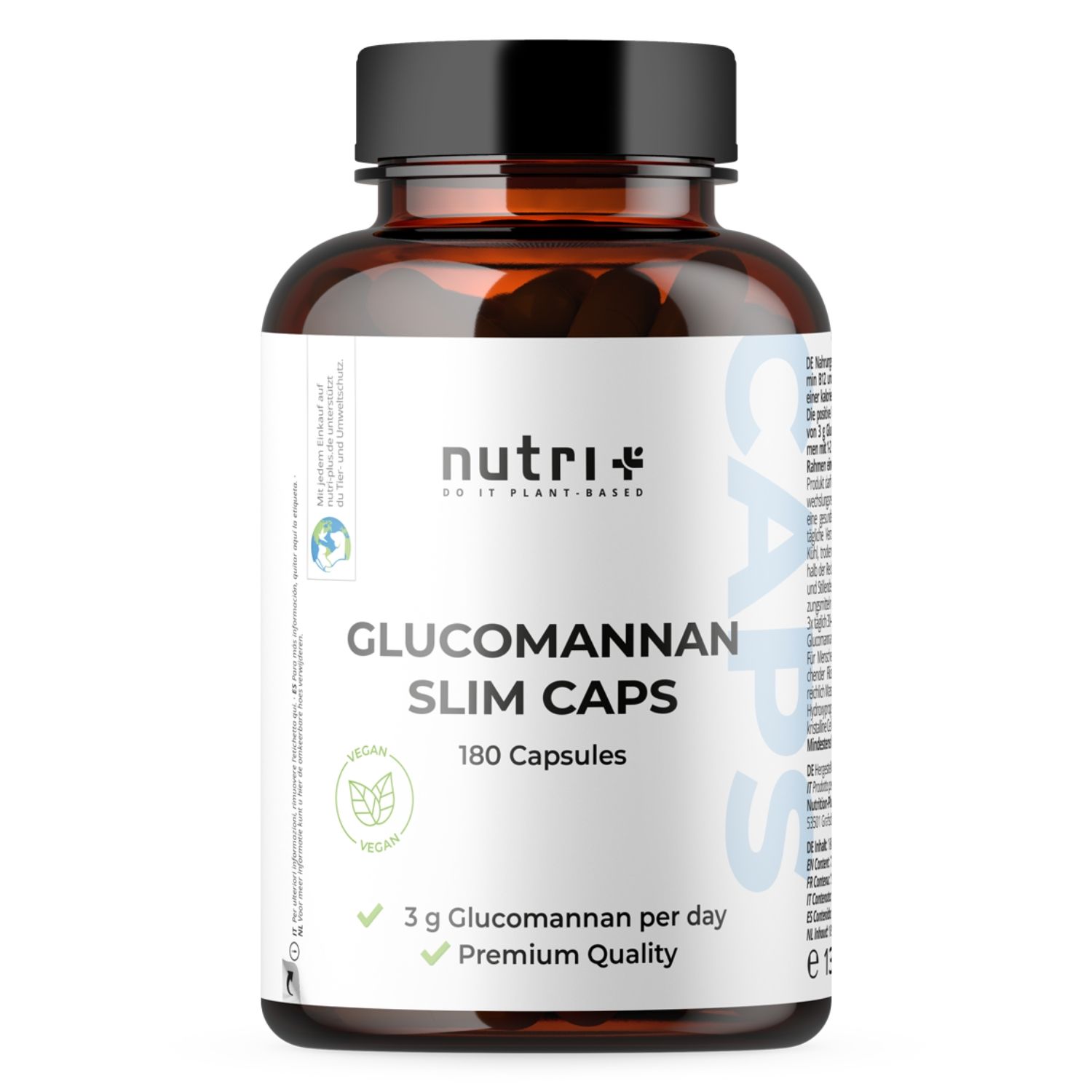 Bruine fles met capsules. Opschrift: Glucomannan Slim Caps, 180 capsules. Vegan, 3g glucomannan per dag.