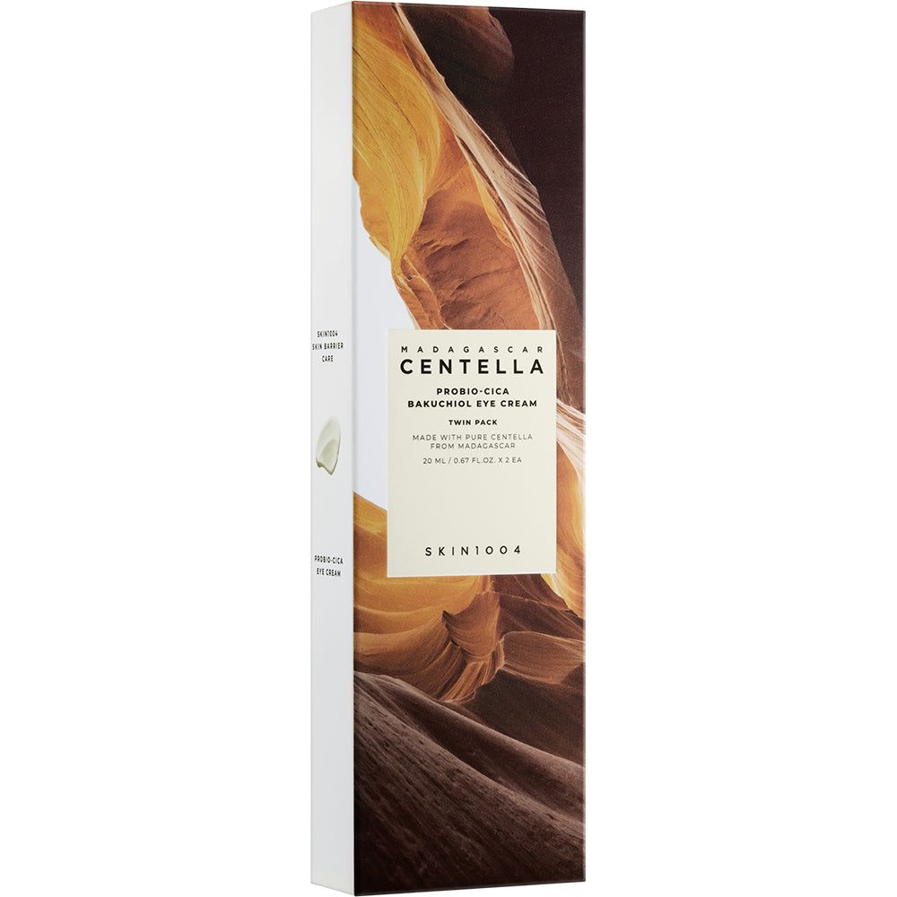 Verpakking van de oogcrème. Witte doos met productafbeelding en tekst. Opschrift: Centella, Eye Cream.