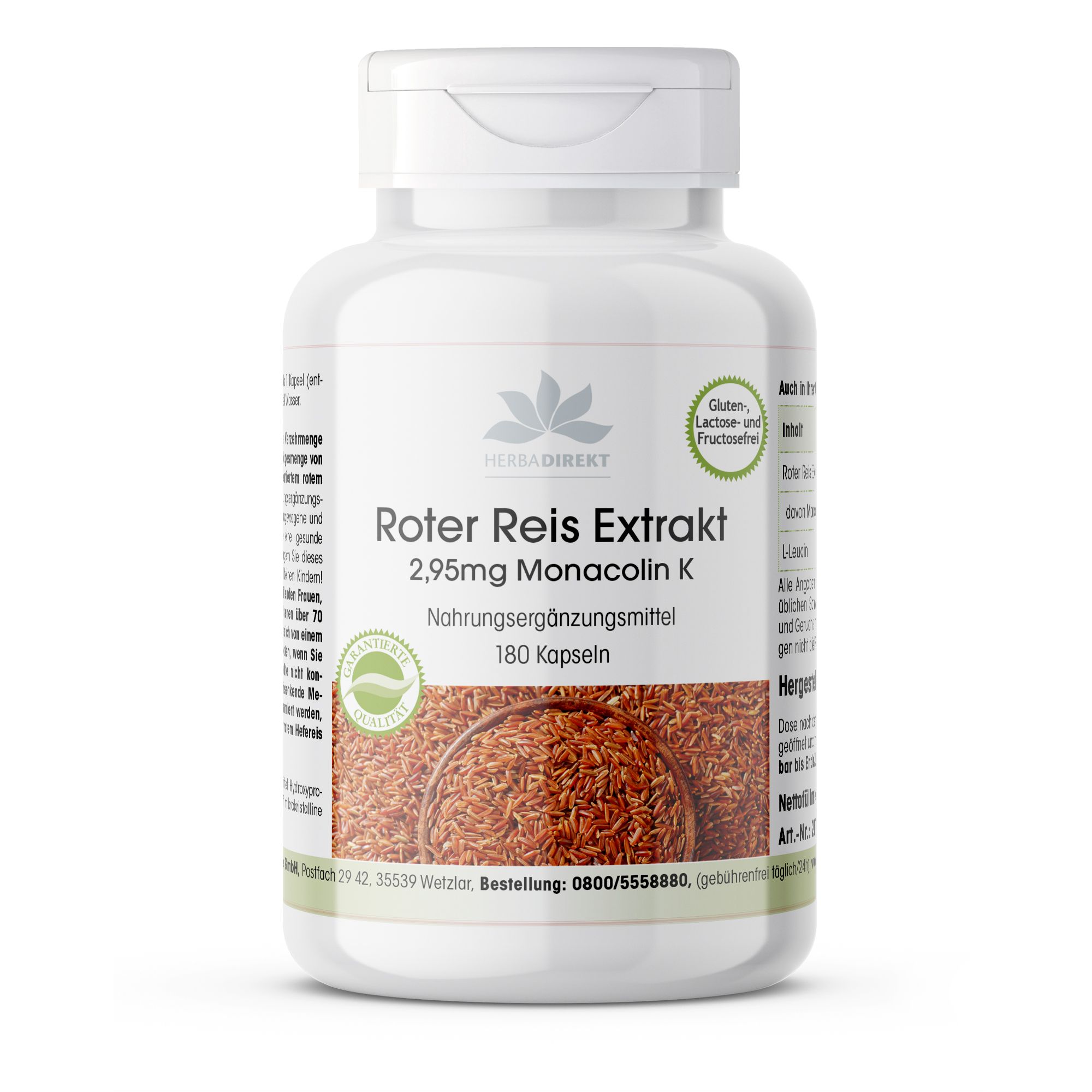 Witte fles met capsules. Opschrift: Roter Reis Extrakt, 2,95mg Monacolin K, 180 capsules. Logo: Herba Direkt. Glutenvrij, lactosevrij en fructosevrij.