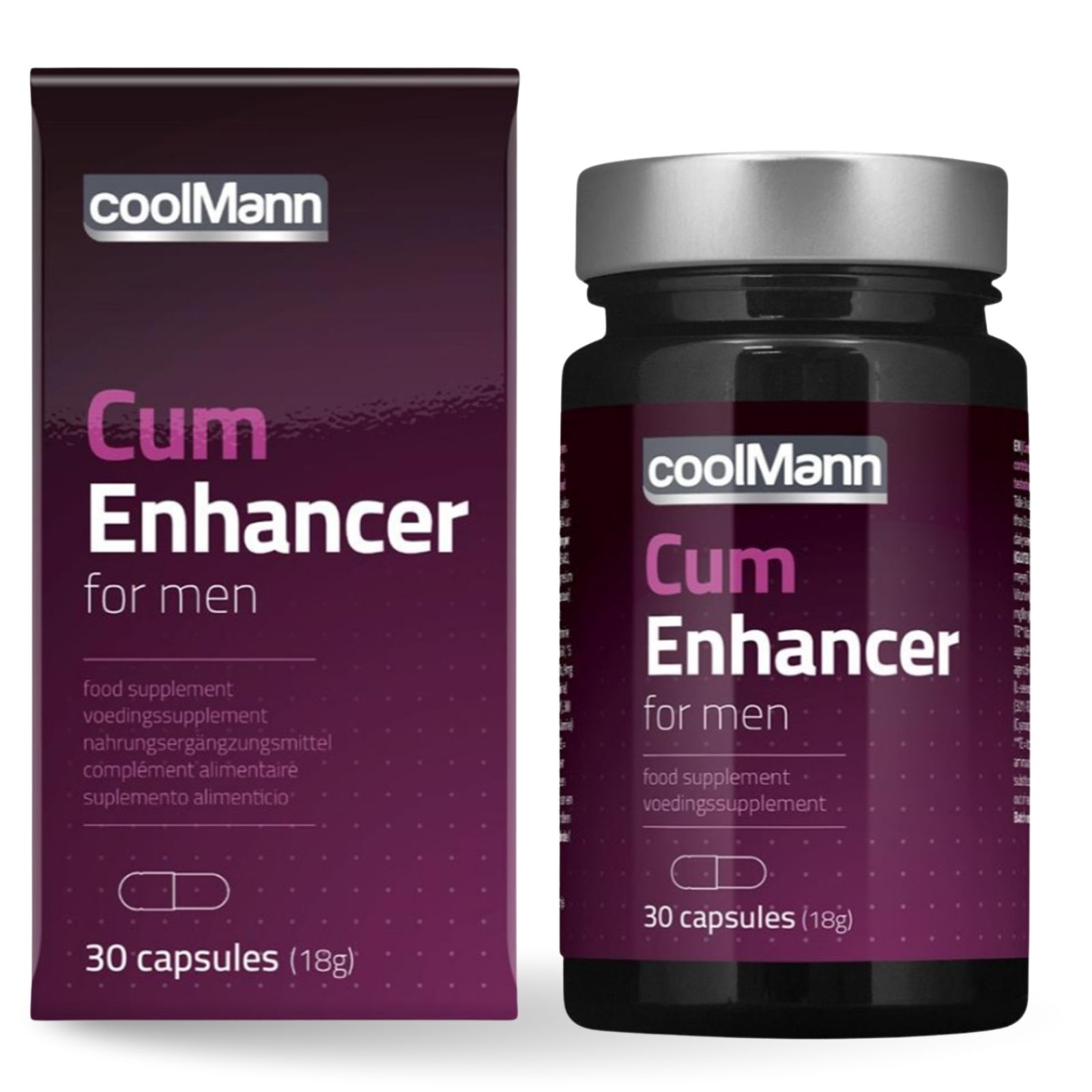 Boîte et flacon violets foncés avec "coolMann Cum Enhancer for men". 30 gélules. Flacon avec couvercle argenté.