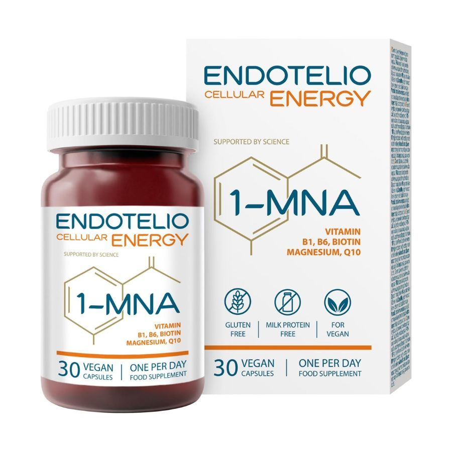 Flacon de gélules marron et boîte. Inscription: Endotelio Cellular Energy, 1-MNA, 30 gélules végétales. Contient vitamine B1, B6, biotine, magnésium, Q10.