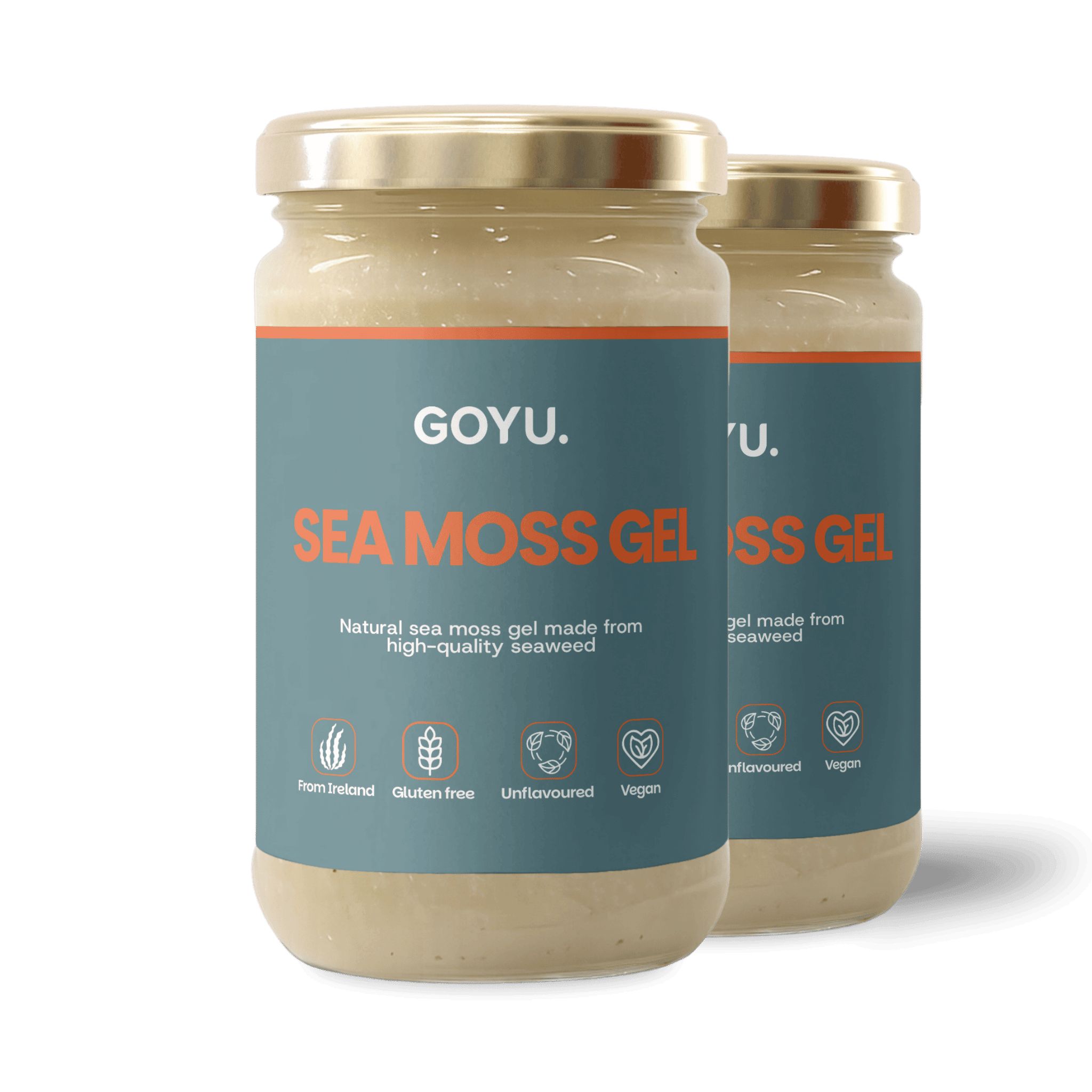 Deux pots de Sea Moss Gel. Inscription : GOYU, Sea Moss Gel. Gel de mousse marine naturelle à base d'algues de haute qualité.