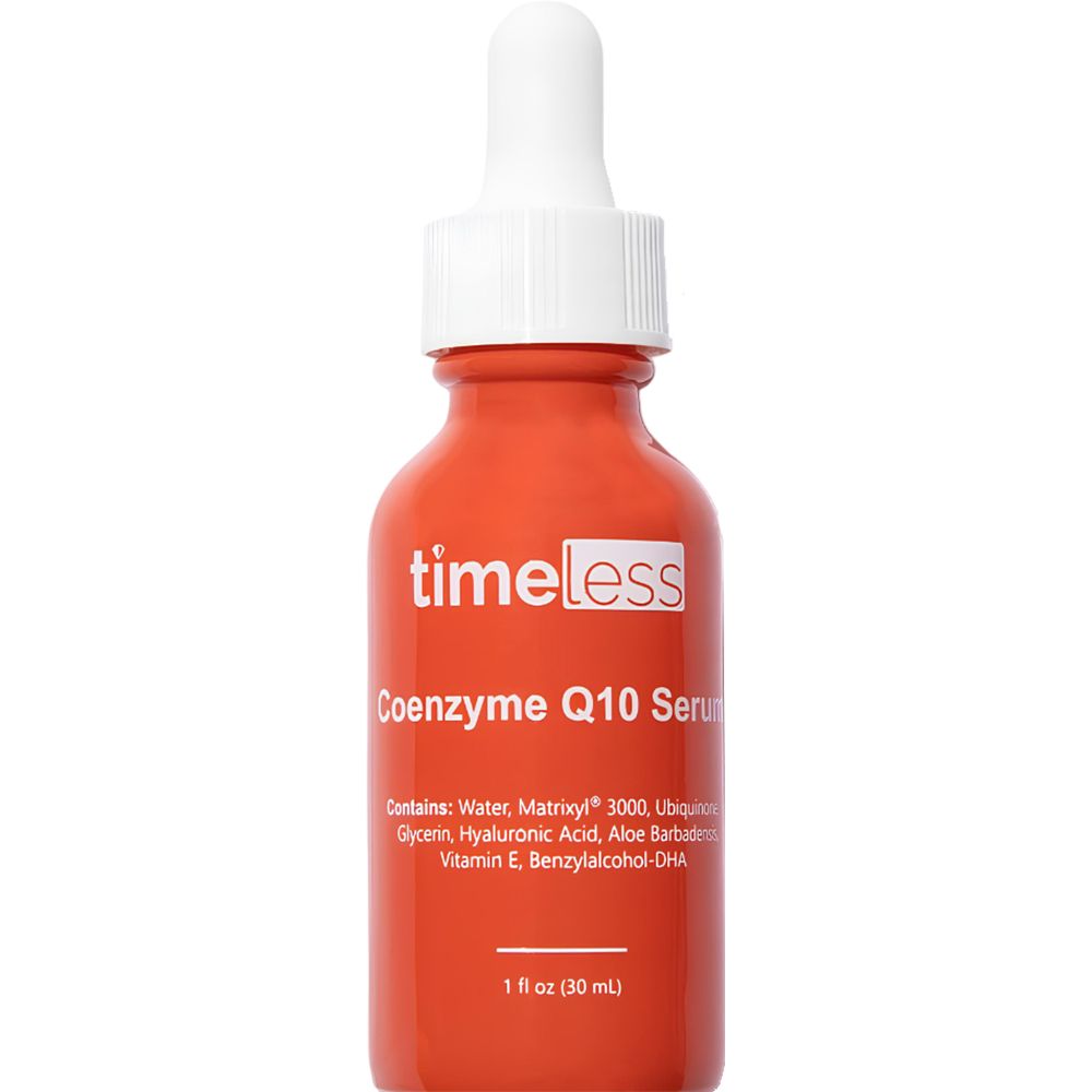 Oranje fles met witte dop en pipet. Opschrift: Timeless, Coenzyme Q10 Serum. Ingrediënten vermeld.