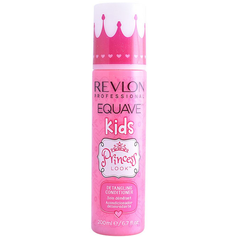Flacon rose avec bouchon blanc. Inscription: Revlon Equave Kids Princess Look. Démêlant.