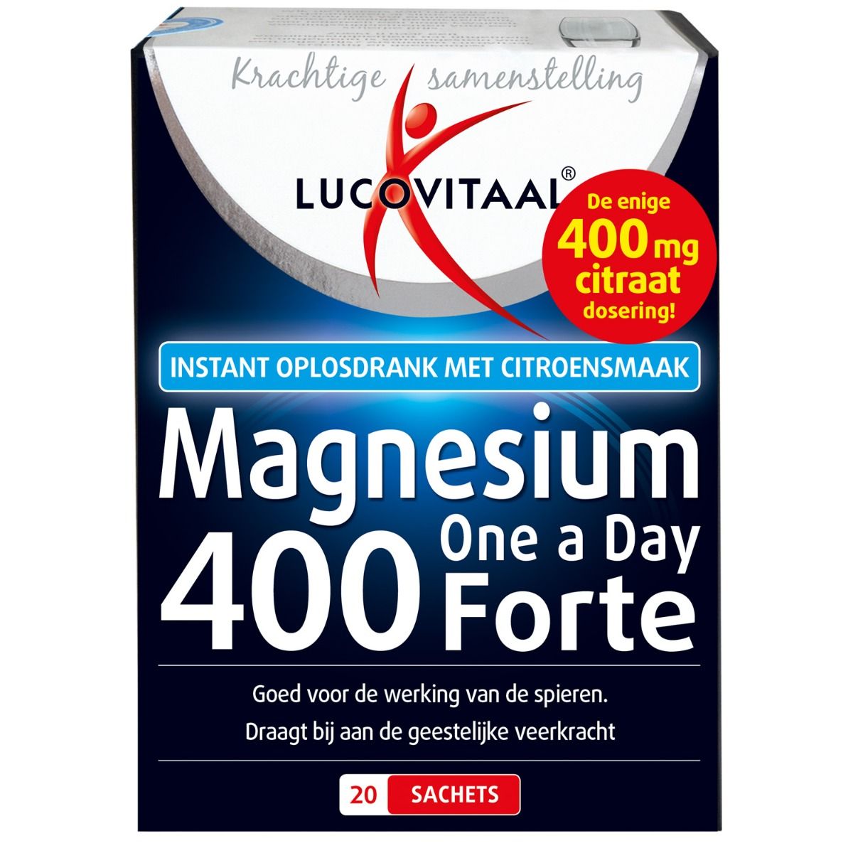 Verpakking van Lucovitaal Magnesium 400 Forte. Blauwe doos met productnaam en logo. Bevat 20 sachets.