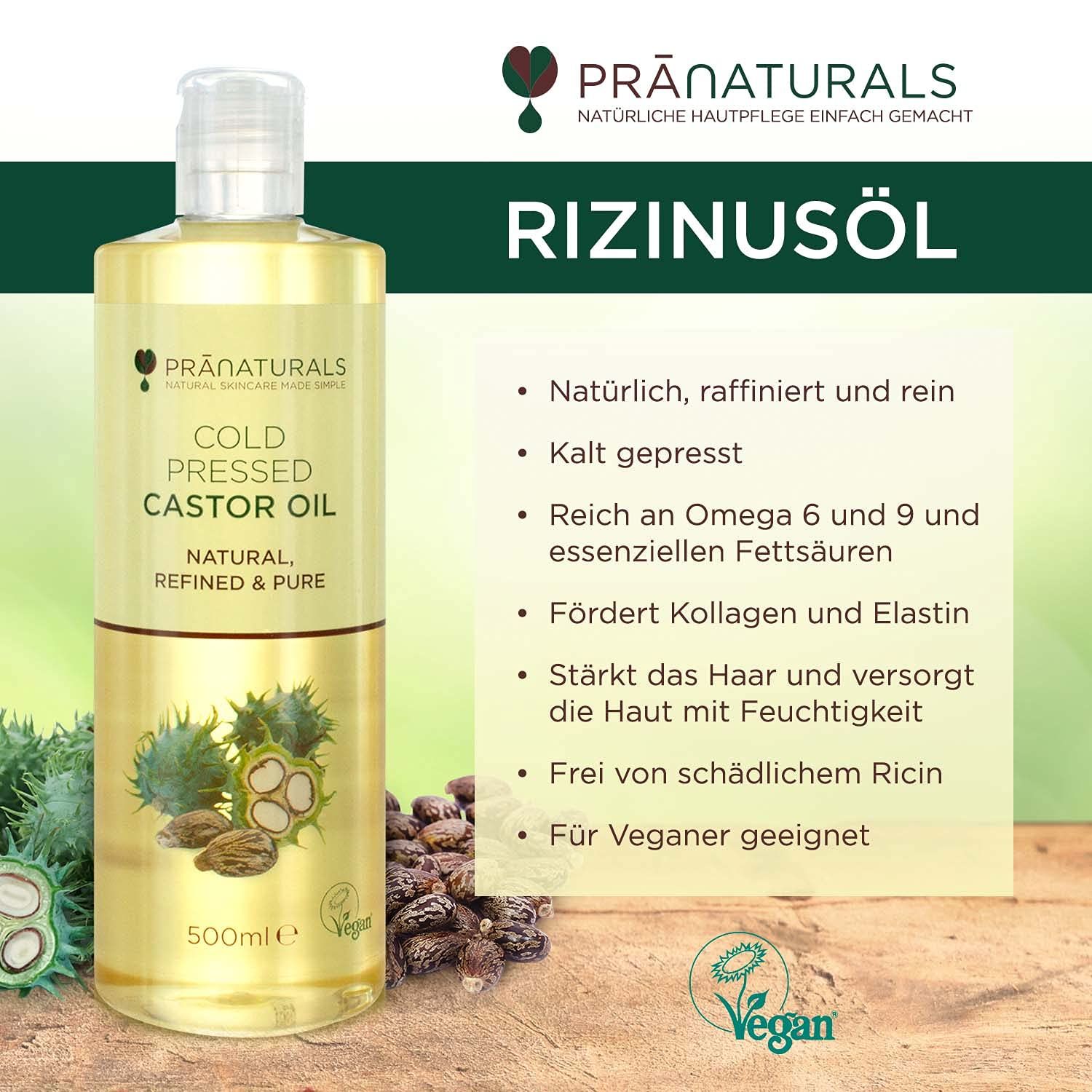 PraNaturals ricinusoliefles met tekst. Opsommingstekens: natuurlijk, koudgeperst, rijk aan omega 6/9, geschikt voor veganisten.