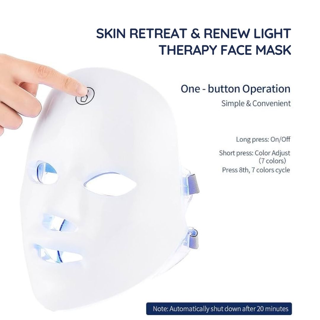 Masque facial LED blanc avec panneau de contrôle. Texte : Skin Retreat & Renew Light Therapy Face Mask.